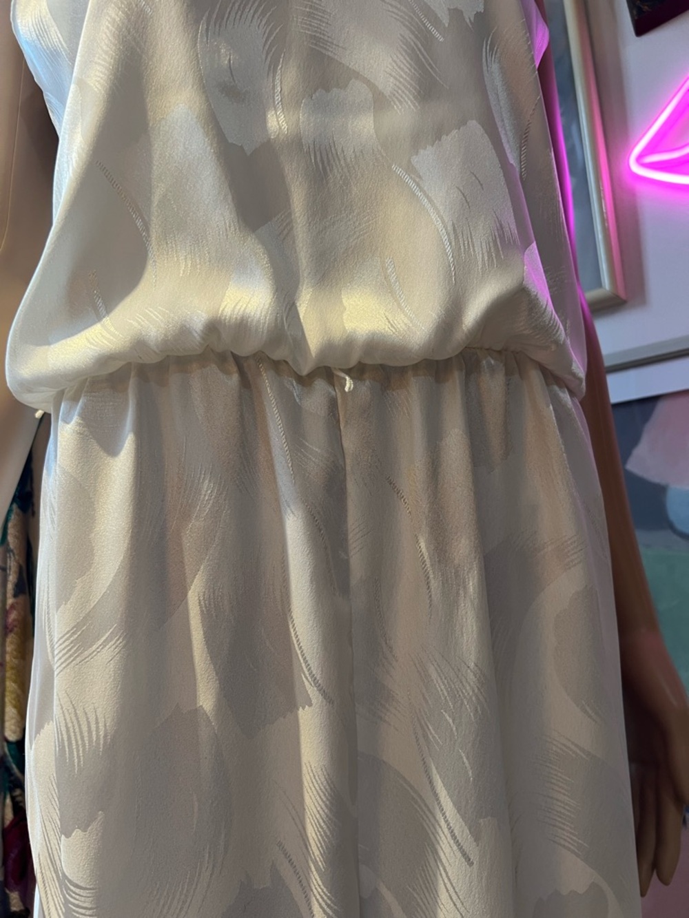 70s Disco Styling Creamy White Satin/Matte V-Neck Jumpsuit with Spaghetti Straps - Picture 7 of 14